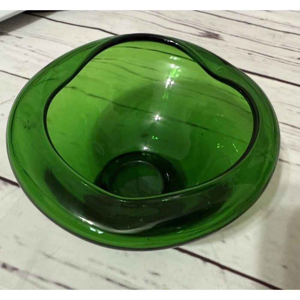 Mid Century Hunter Green Glass Bowl Waved Edge 5” X 3” Tall Vintage MCM Art - Picture 3 of 12